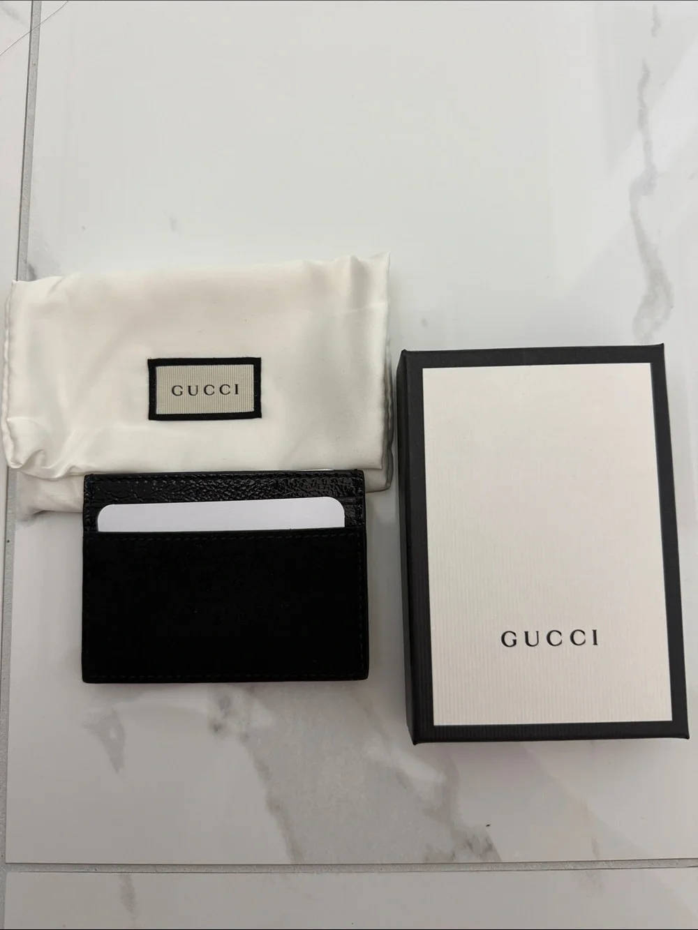 Gucci Black Leather Card Holder with Green-Red Web and Gold GG NWT